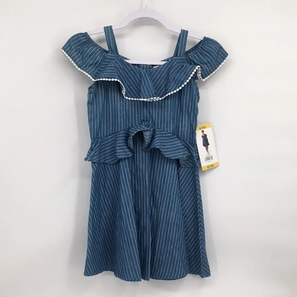 BCBGirls Striped Blue Ruffled Cold Shoulder Sundress S 7/8
